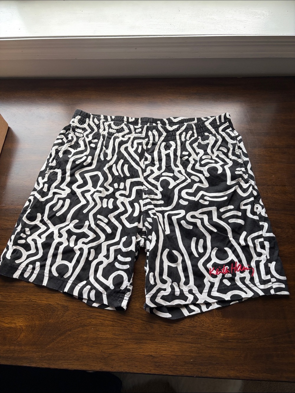 H&M Black & White Keith Haring Print Men’s Shorts with Red Signature